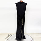 Sleeveless Mock Neck Padded Shoulder Exposed Zipper High Split Maxi Gown