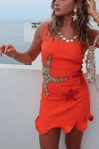 Beachside Dreams Starfish Sequin Wave Hem Stretch Tank Mini Dress