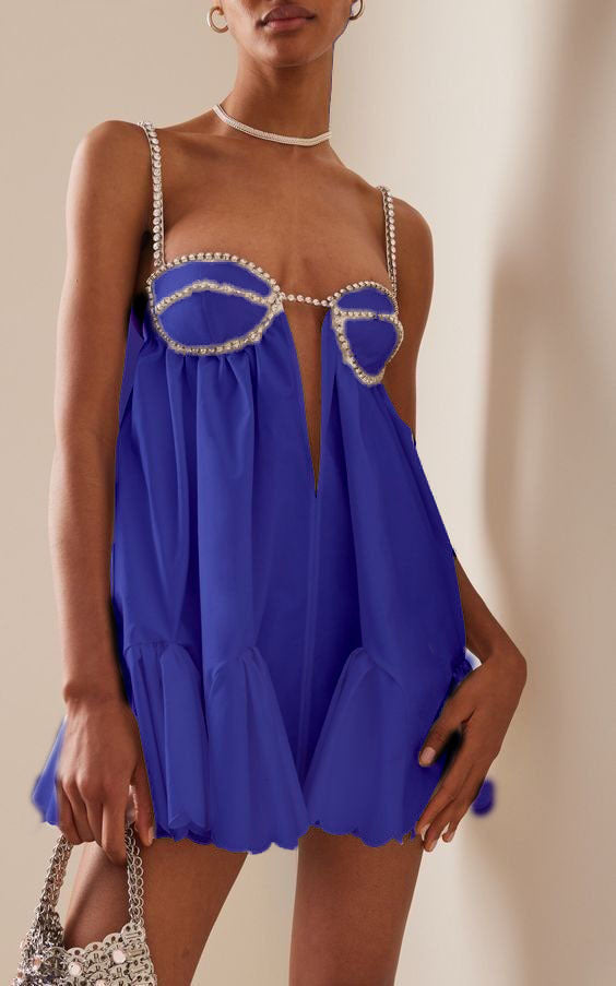 Rhinestone Bustier Plunge Cut Out Spaghetti Strap Babydoll Mini Dress