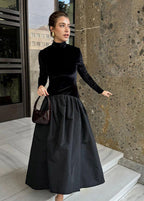 Velvet Mock Neck Long Sleeve Taffeta Puff Skirt Mixed Media Midi Dress