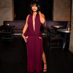 Satin Halter Deep V-Neck Cut Out Knot Front Double High Split Maxi Dress