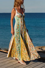 Sweet Garden Linen Blend Color Block Floral Paneled Maxi Dress