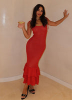 Scoop Neck Tie Strap Crochet Knit Tiered Ruffle Trumpet Midi Dress
