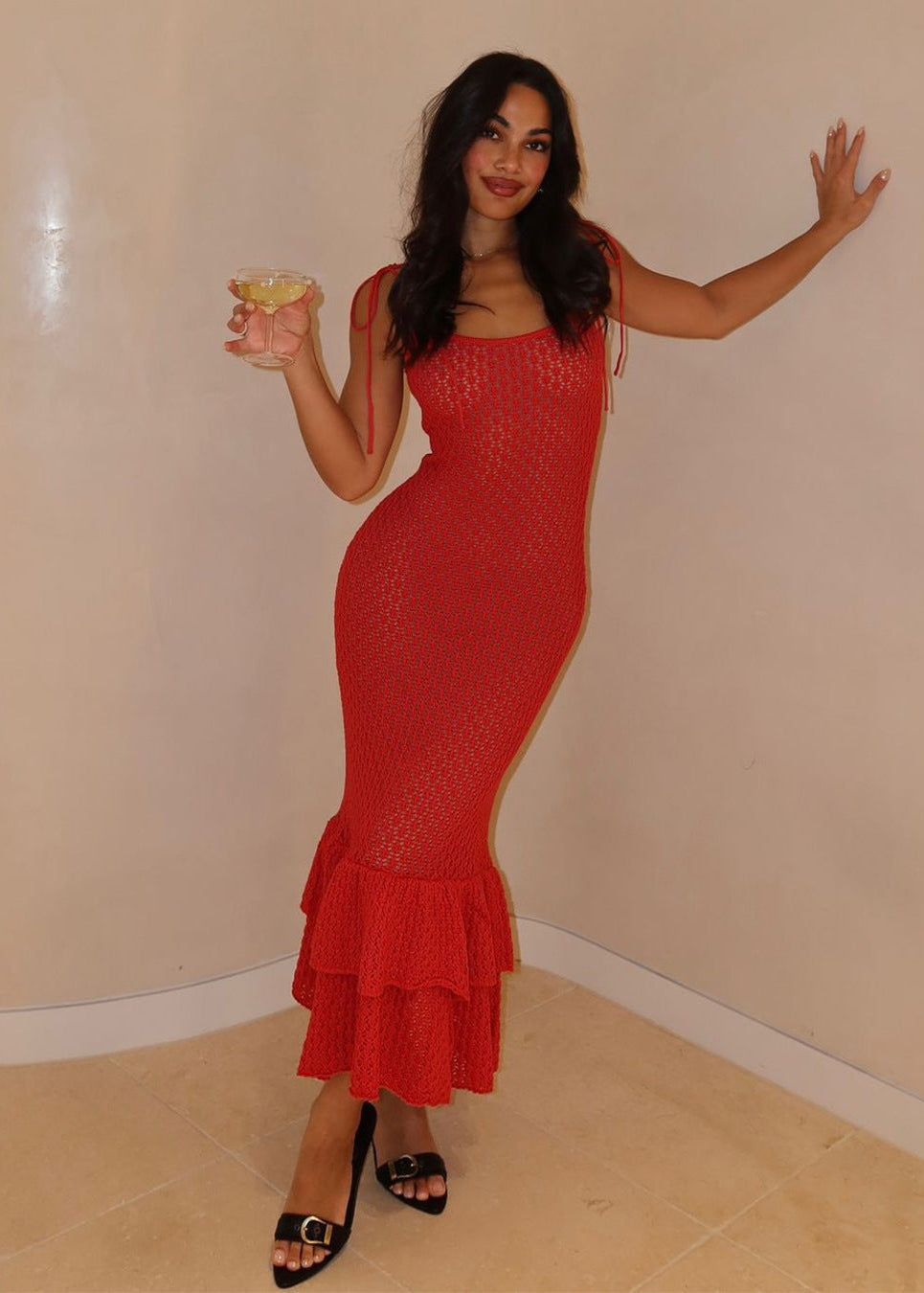 Scoop Neck Tie Strap Crochet Knit Tiered Ruffle Trumpet Midi Dress