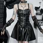 Lace up PU leather sweetheart neck solid zip-up mini dress