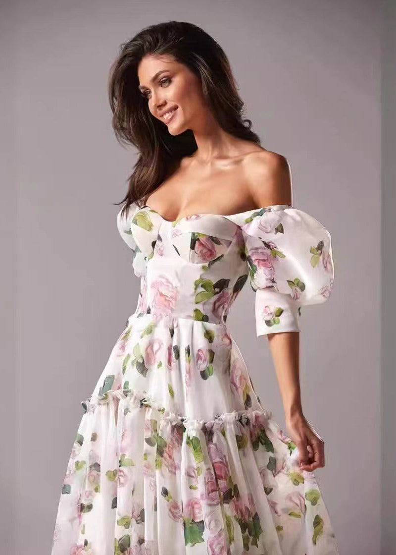 Off Shoulder Puff Sleeve Tiered Floral Organza Maxi Dress