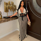 Cutout Striped Knitted Women Skirt Set