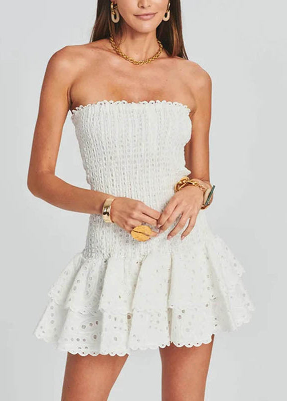 Strapless Sweetheart Smocked Tiered Ruffle Eyelet Lace Mini Dress