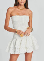 Smocked Sweetheart Strapless Eyelet Tiered Ruffle Mini Dress