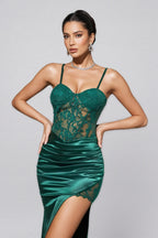 Analu Green Embroidered Lace Slit Maxi Dress