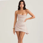 Satin Strapless Ruched Draped Asymmetric Hem Mini Dress
