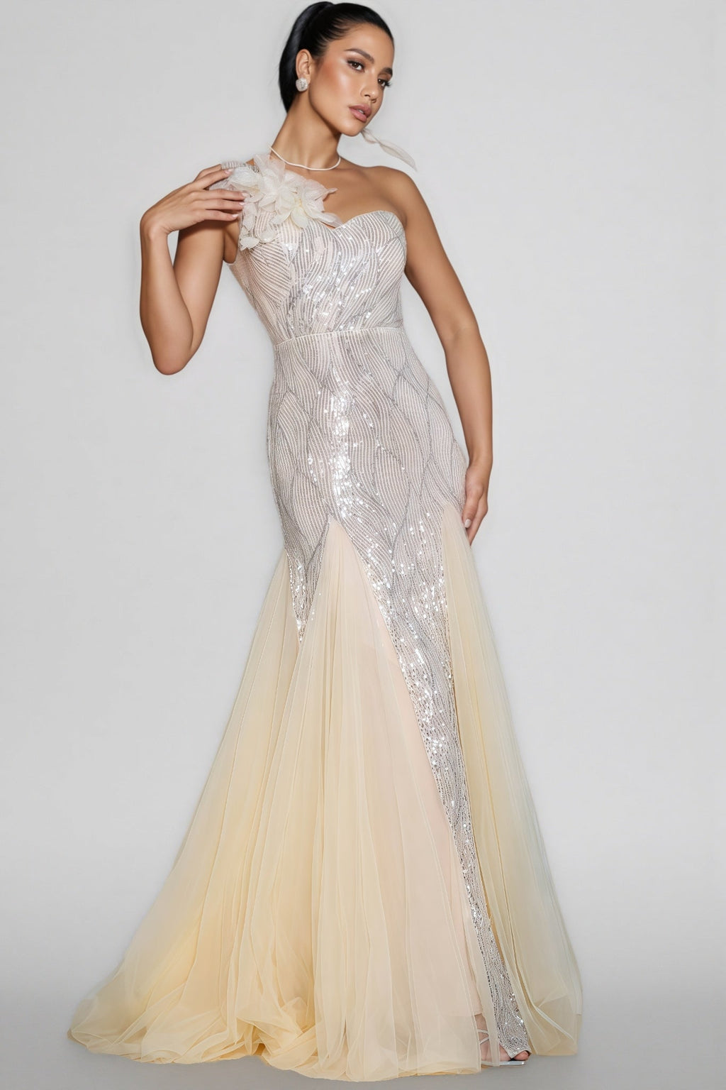 Trevt Single Shoulder Sequined Slit Maxi Dress