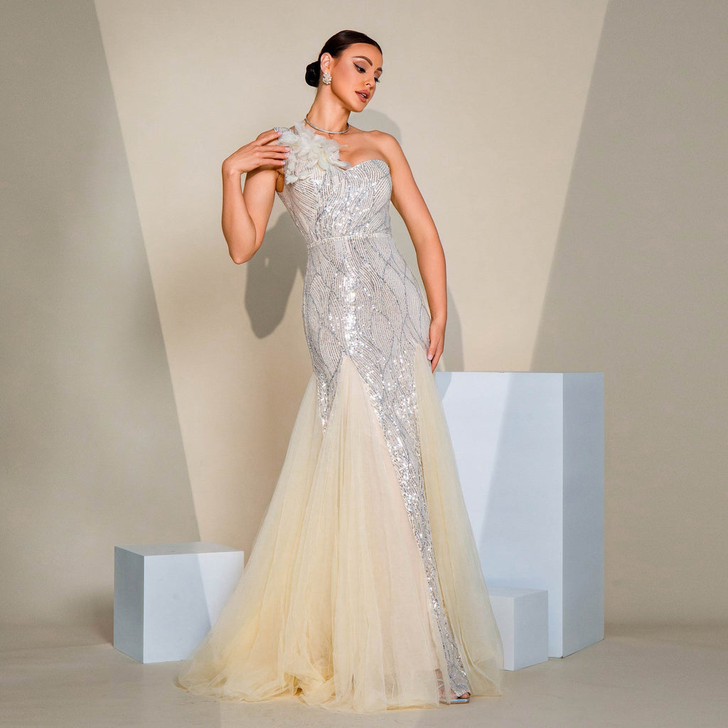 Slim Fit Hip-hugging Sequined Slit Banquet Evening Dress