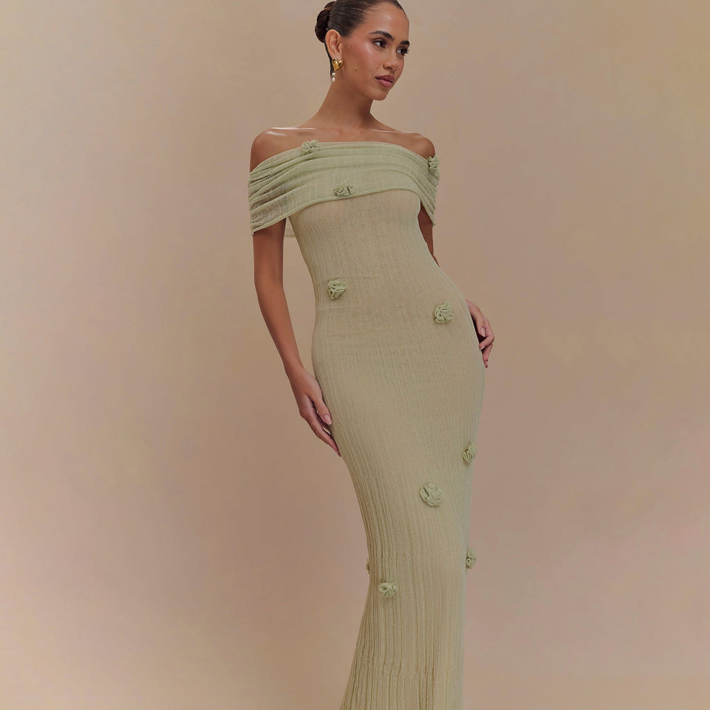 Off Shoulder Rosette Applique Ribbed Plisse Column Maxi Dress