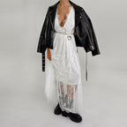 Lace Deep V-Neck Fringe Trim Tiered Scalloped Hem Maxi Dress
