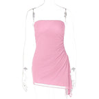 Strapless Ruched Mesh High Split Asymmetric Hem Bodycon Mini Dress