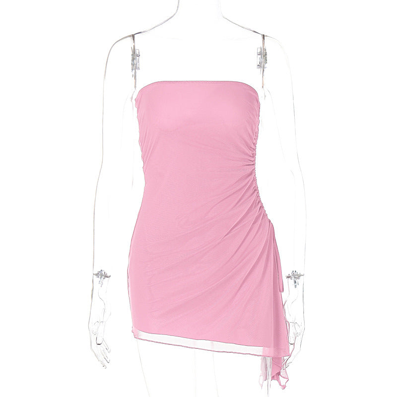 Strapless Ruched Mesh High Split Asymmetric Hem Bodycon Mini Dress