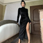 High Neck Pleated Split Party Dress