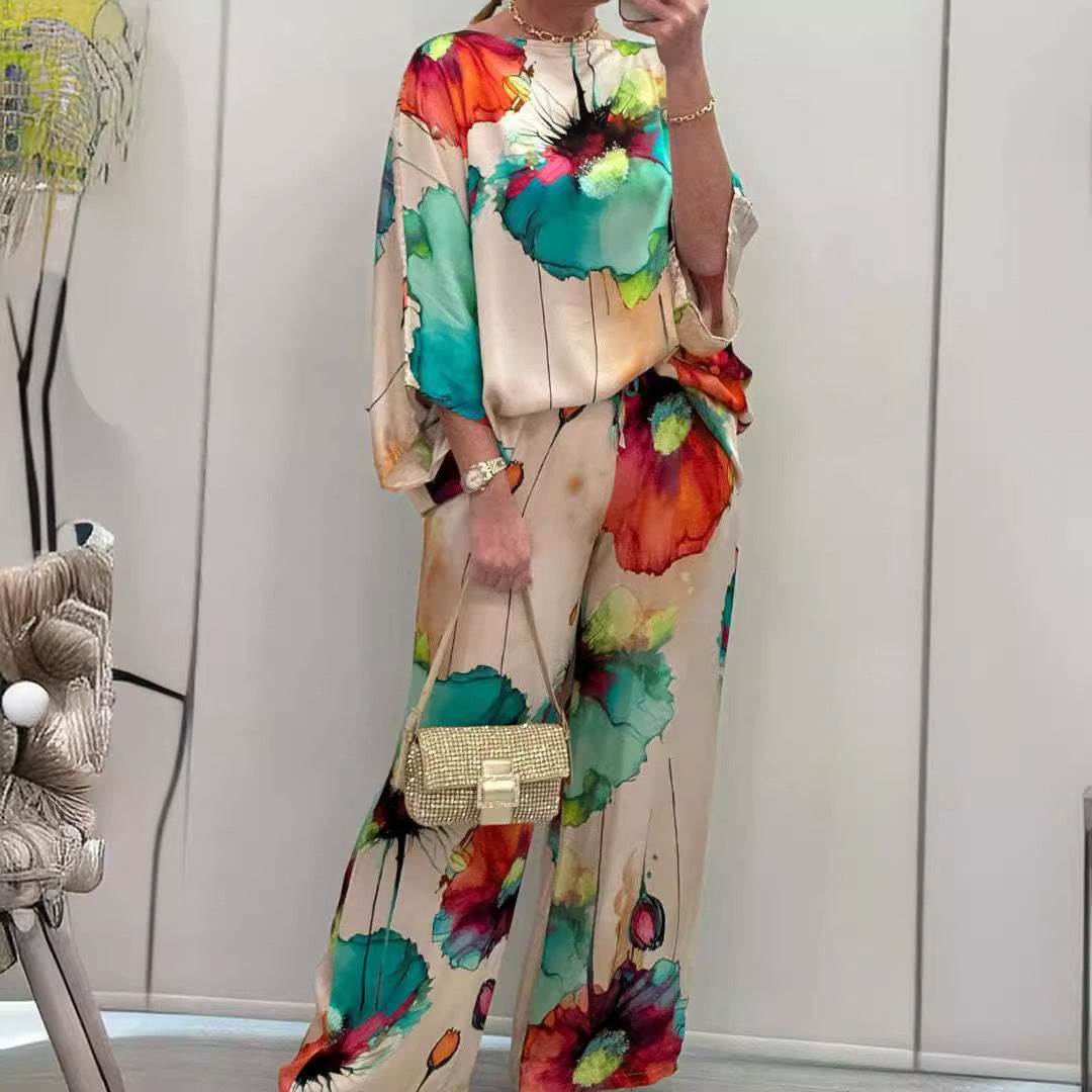 Unique Elegant Satin Loose Fit Printed Batwing Sleeve Set