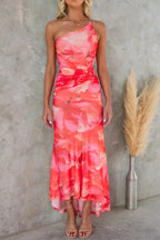 Ladies' elegant party dress, mesh overlay printed one shoulder wave skirt, mesh overlay printed one shoulder pleated elastic long skirt