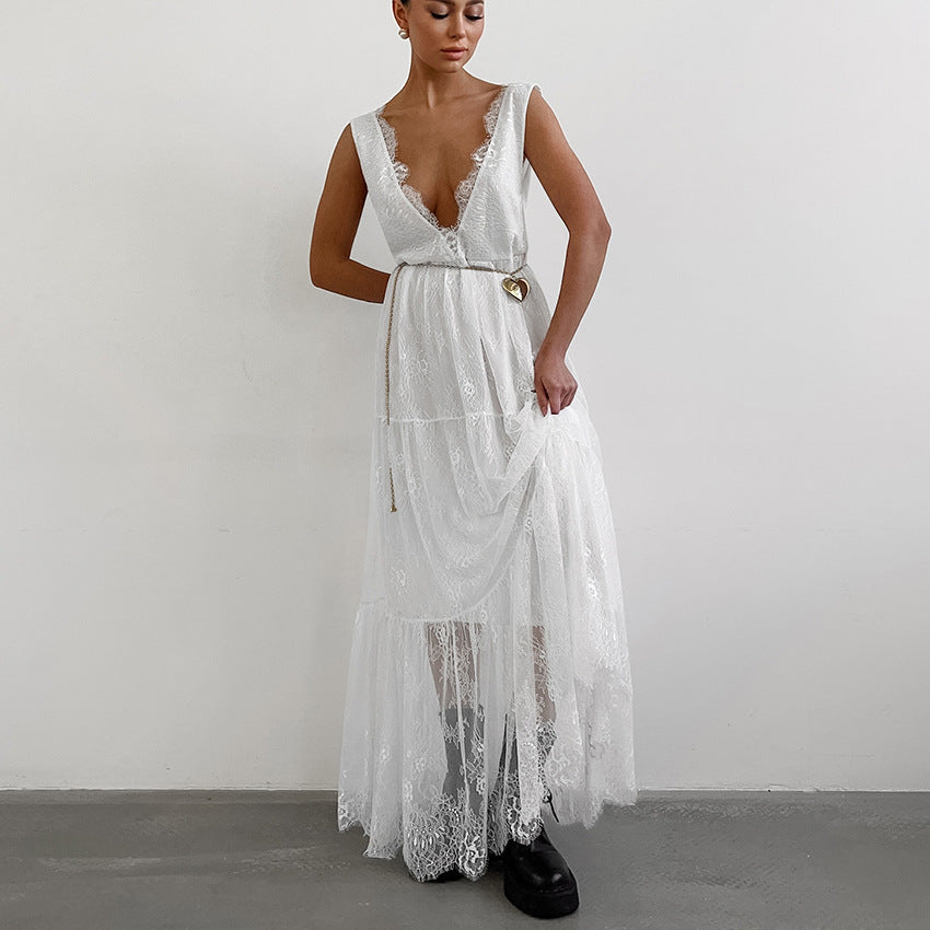 Lace Deep V-Neck Fringe Trim Tiered Scalloped Hem Maxi Dress