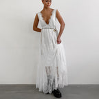 Lace Deep V-Neck Fringe Trim Tiered Scalloped Hem Maxi Dress