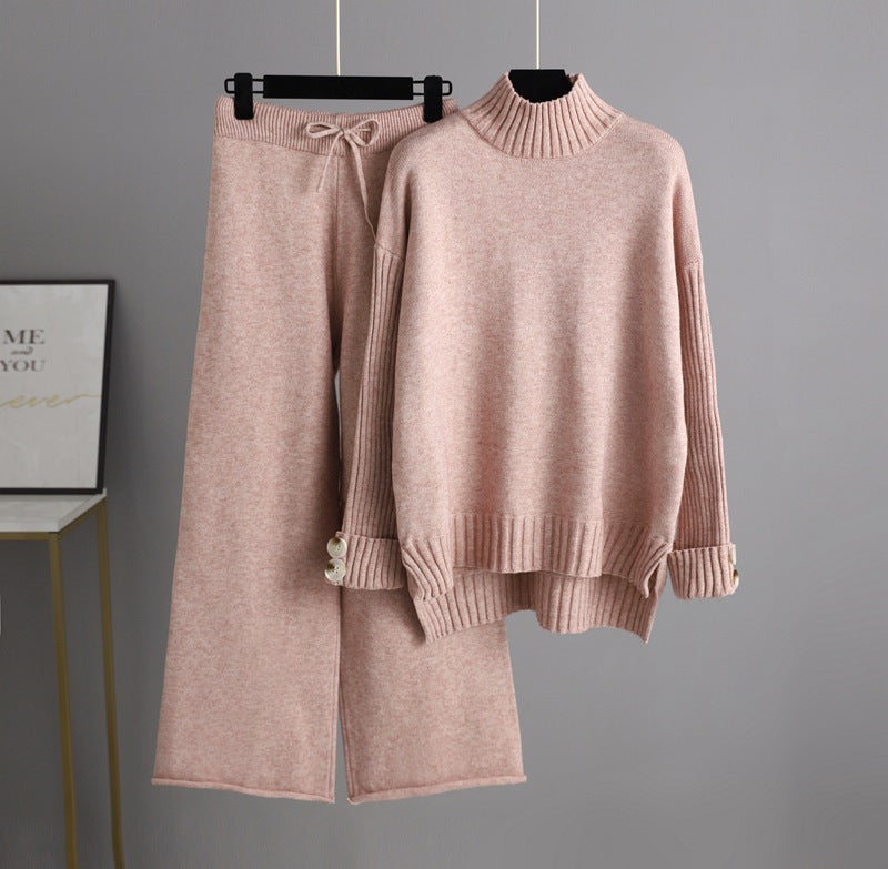 High Collar Solid Knit Set