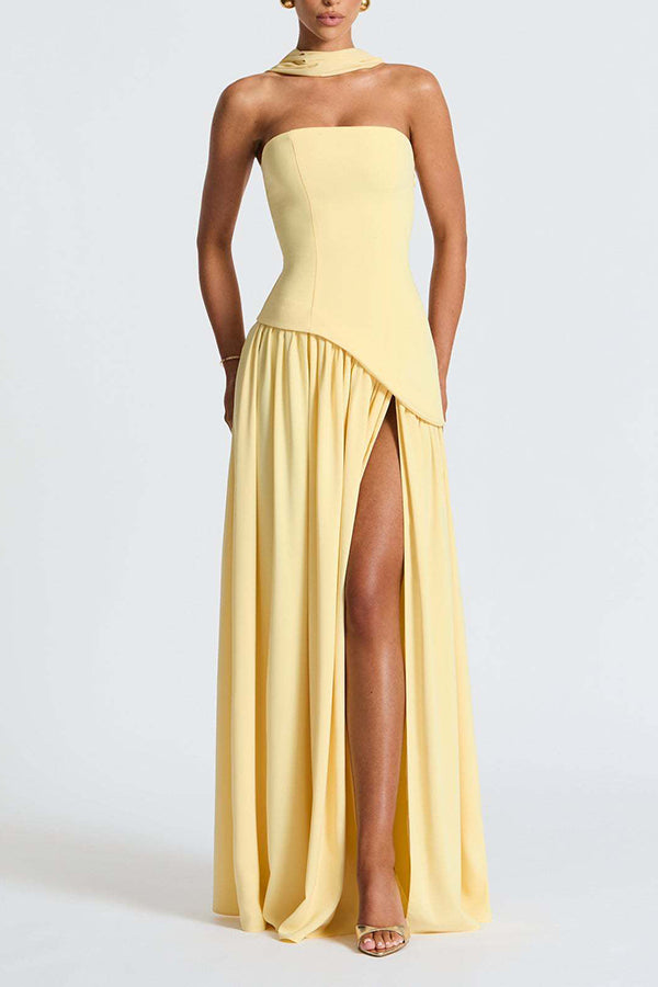 Elegant Off Shopulder Chiffon Pleated Hem Scarf Slit Maxi Dress
