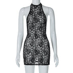 Floral Lace Halter Tie Backless Side Cut Out Mini Dress