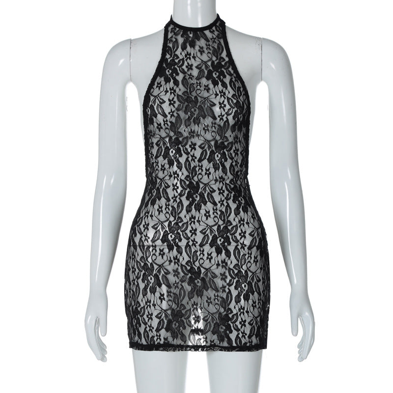Floral Lace Halter Tie Backless Side Cut Out Mini Dress