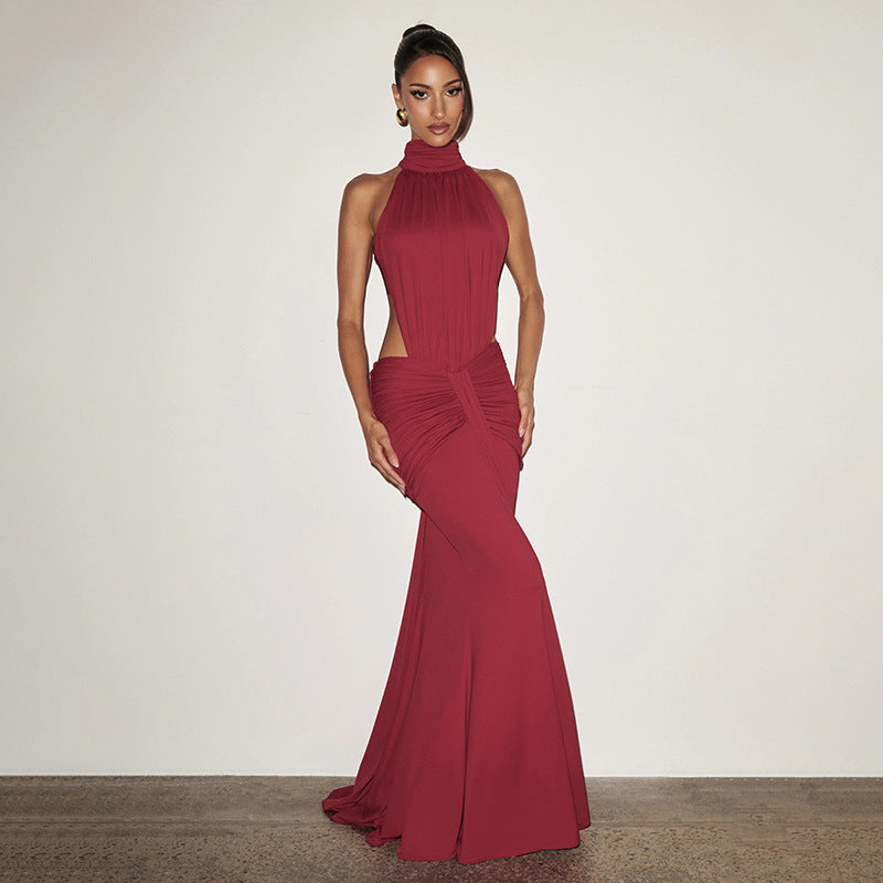 Halter Mock Neck Side Cut Out Ruched Mermaid Maxi Gown