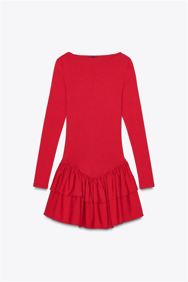 Rib Knit Bell Cuff Ruffle Hem Long Sleeve Mini Dress