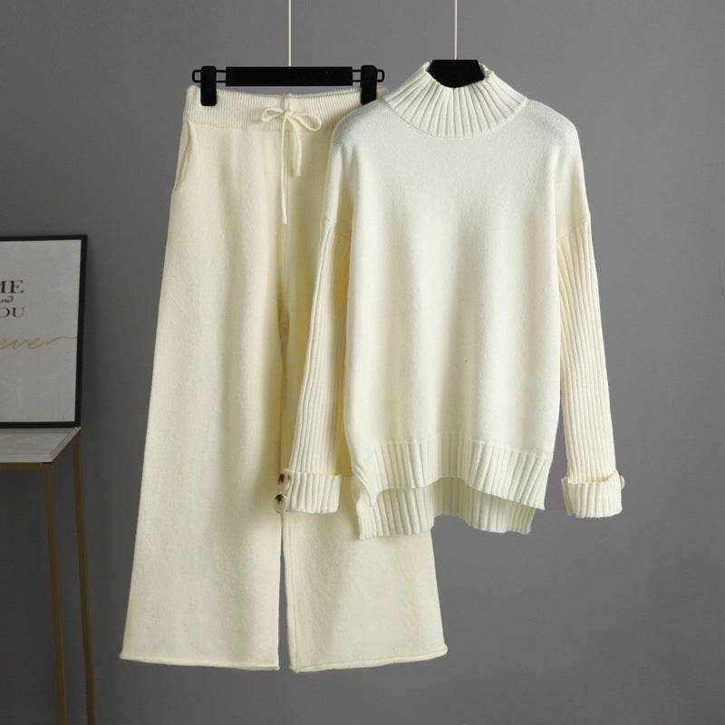 High Collar Solid Knit Set