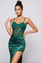 Analu Green Embroidered Lace Slit Maxi Dress