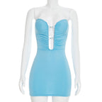 Strapless Ruched Keyhole Hardware Bodycon Mini Dress