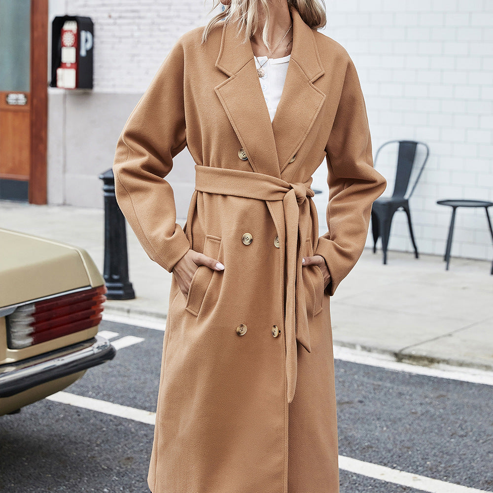 Woolen Lace-up Double Breasted Coat Outerwear