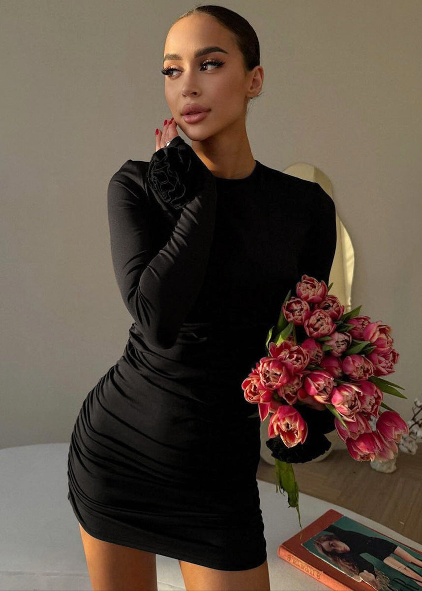 Mock Neck Long Sleeve Side Ruched Floral Cuff Bodycon Mini Dress