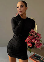 Mock Neck Long Sleeve Side Ruched Floral Cuff Bodycon Mini Dress
