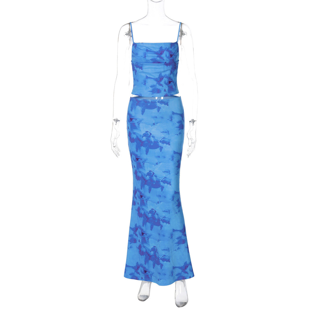 Women Clothing Spring Sexy Print Bandeau Sling Top Sexy Skirt Set