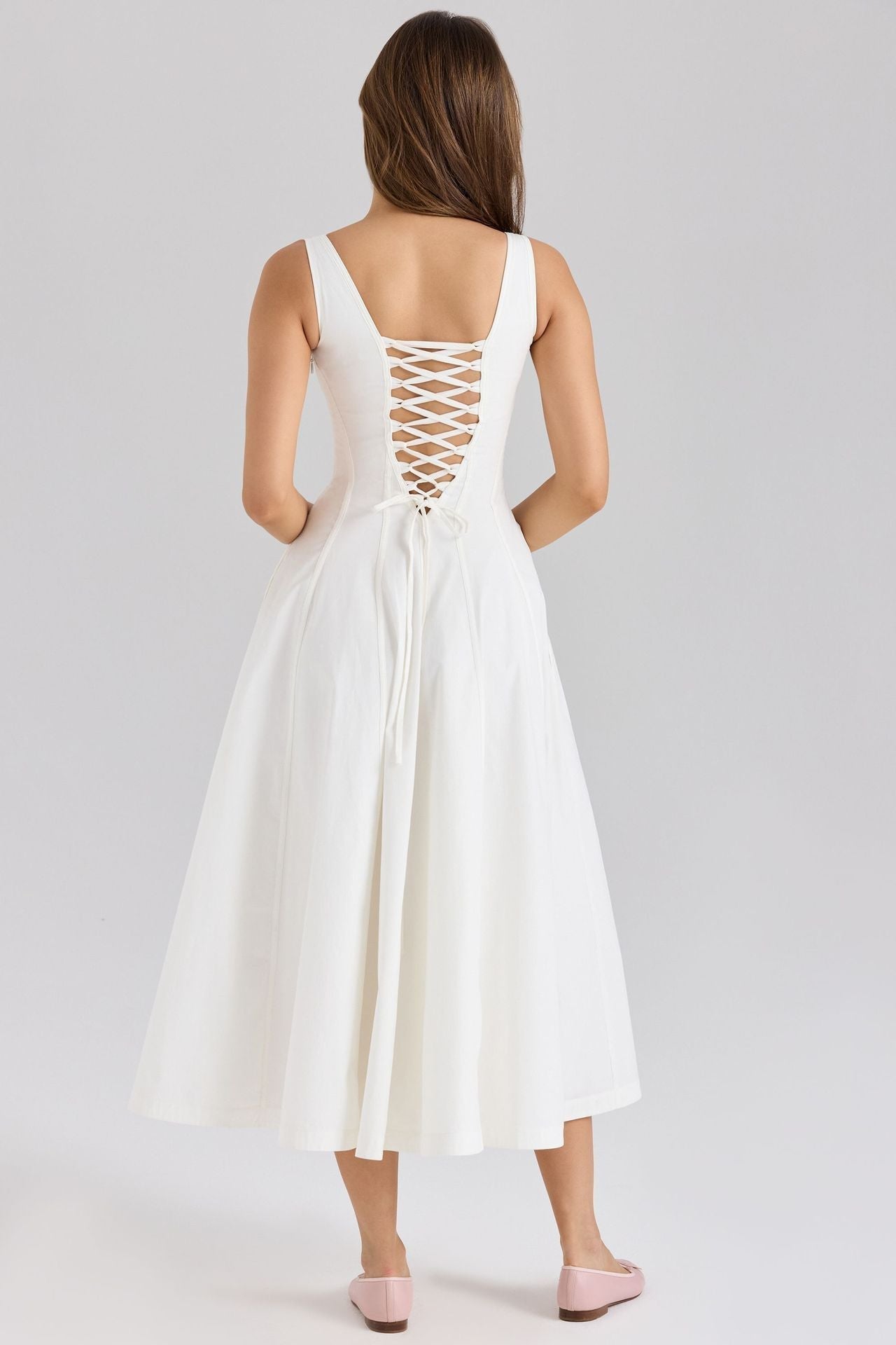 Square Neck Princess Seam Tank Strap A-Line Flared Midi Dress