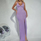 Halter Neck Deep V Ribbed Bustier Thigh Slit Bodycon Maxi Dress