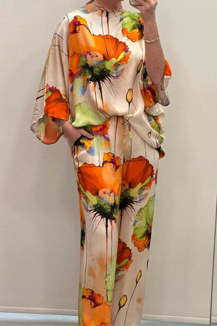 Unique Elegant Satin Loose Fit Printed Batwing Sleeve Set