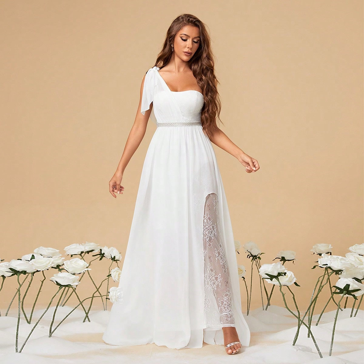 One Shoulder White Evening Gown