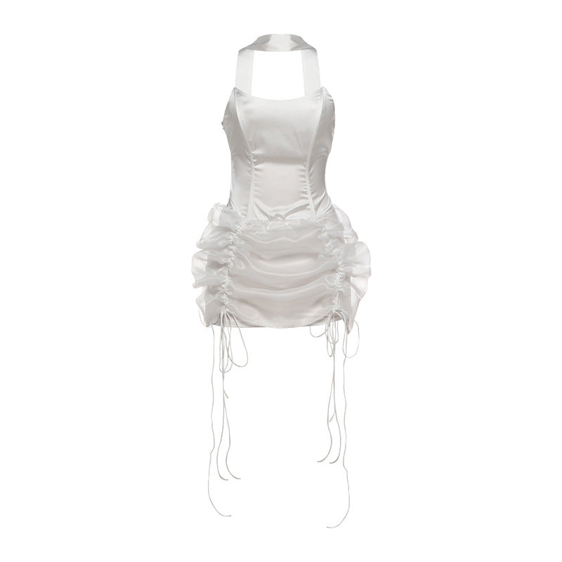 Strapless Corset Choker Strap Ruched Puff Hem Tie Detail Mini Dress