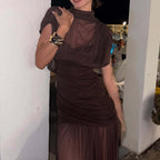 Mesh Mock Neck Ruched Cap Sleeve Chiffon Overlay Maxi Dress