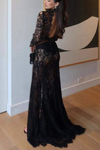 Dark Night Charm Sheer Lace Cutout Long Sleeve Stretch Maxi Dress