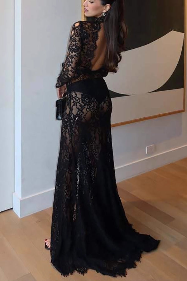 Dark Night Charm Sheer Lace Cutout Long Sleeve Stretch Maxi Dress