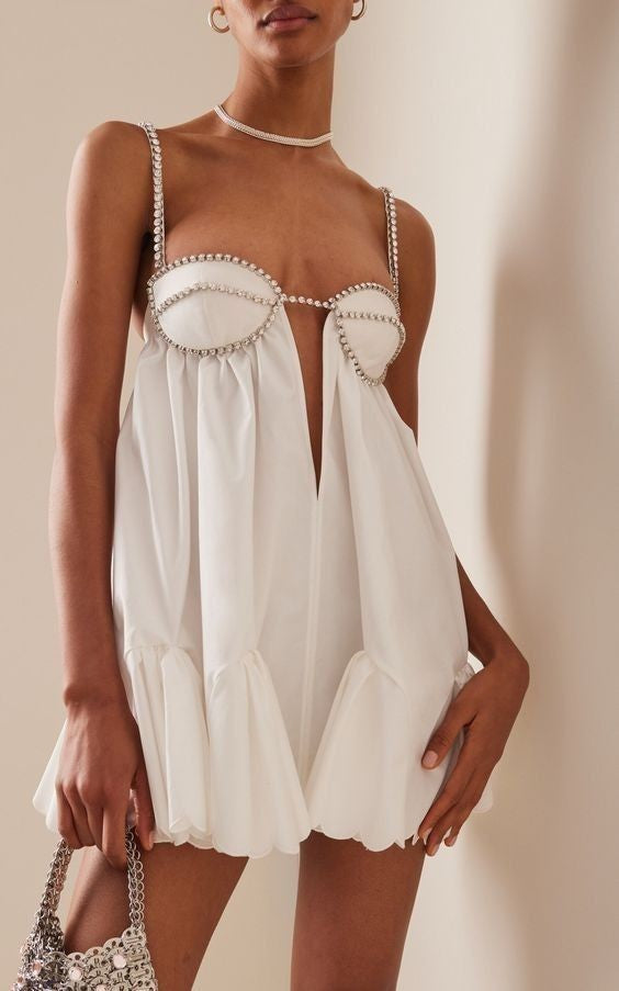 Rhinestone Bustier Plunge Cut Out Spaghetti Strap Babydoll Mini Dress
