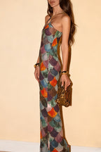 Little Mermaid Colorful Scales Print Halter Maxi Dress