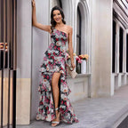 Floral Print One Shoulder Tiered Ruffle High Split Maxi Dress